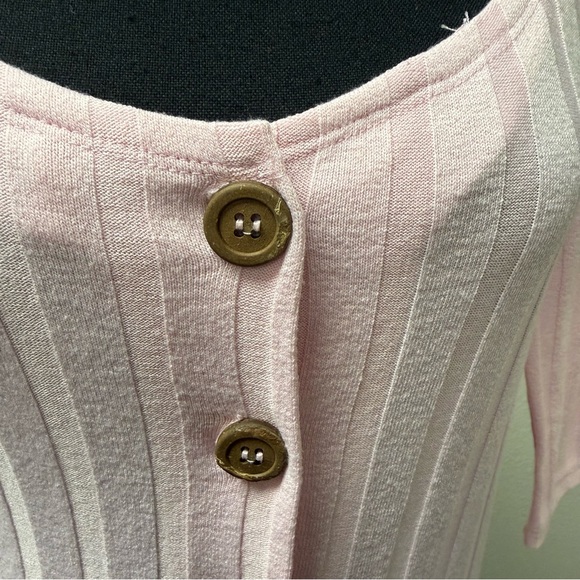 Free People Pink Ribbed Button Top L Boho Fitted Stretch Casual Chic - Picture 3 of 10